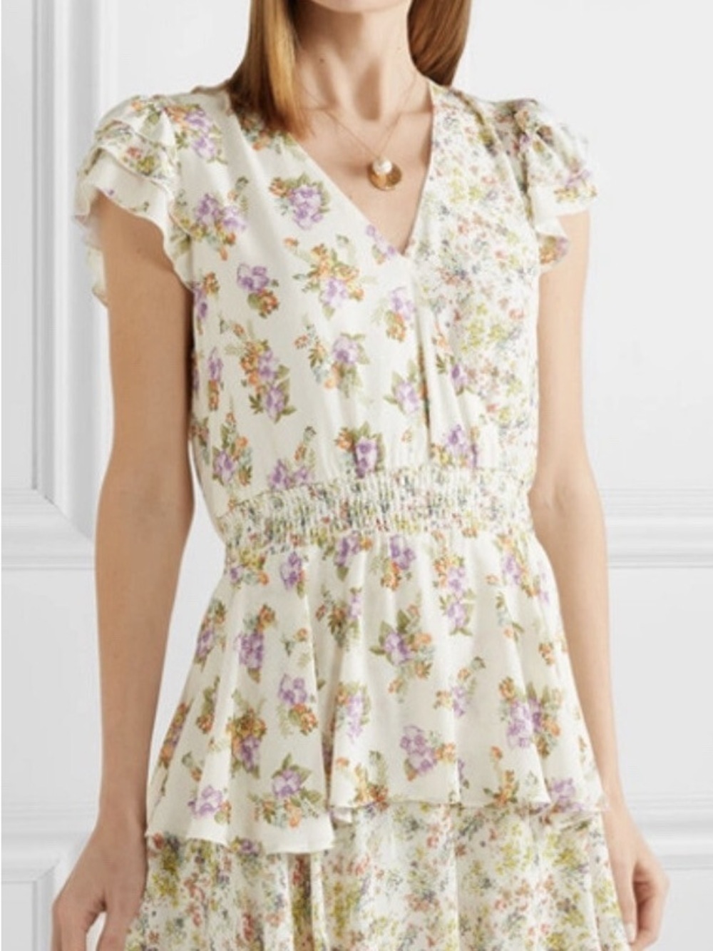 Alice + Olivia Cream Floral V-Neck Smocked-Waist Flutter Sleeve Romper